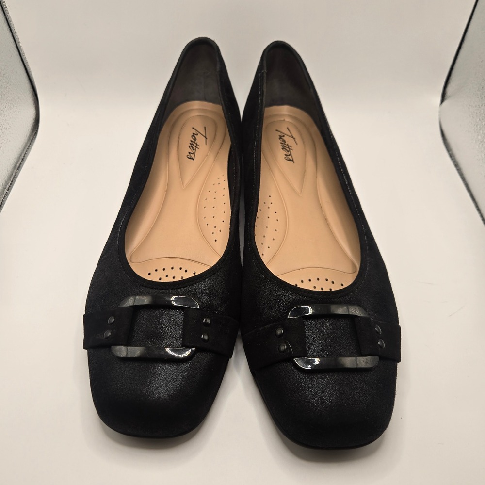 Trotters Flats Women 12M Black  Buckle Square Toe Shimmer (CR2)